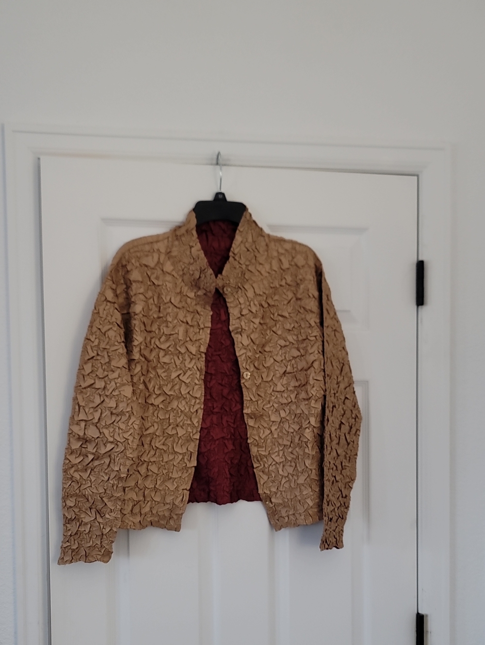 Textured Tan Women’s Jacket with Burgundy Lining